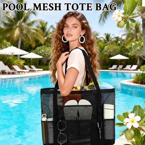 GYEUKHAM Mesh Beach Bag for Women SandResistant Pool Tote 9 Pockets 1 Inner Zip Foldable Family Travel Essentials - Image 3