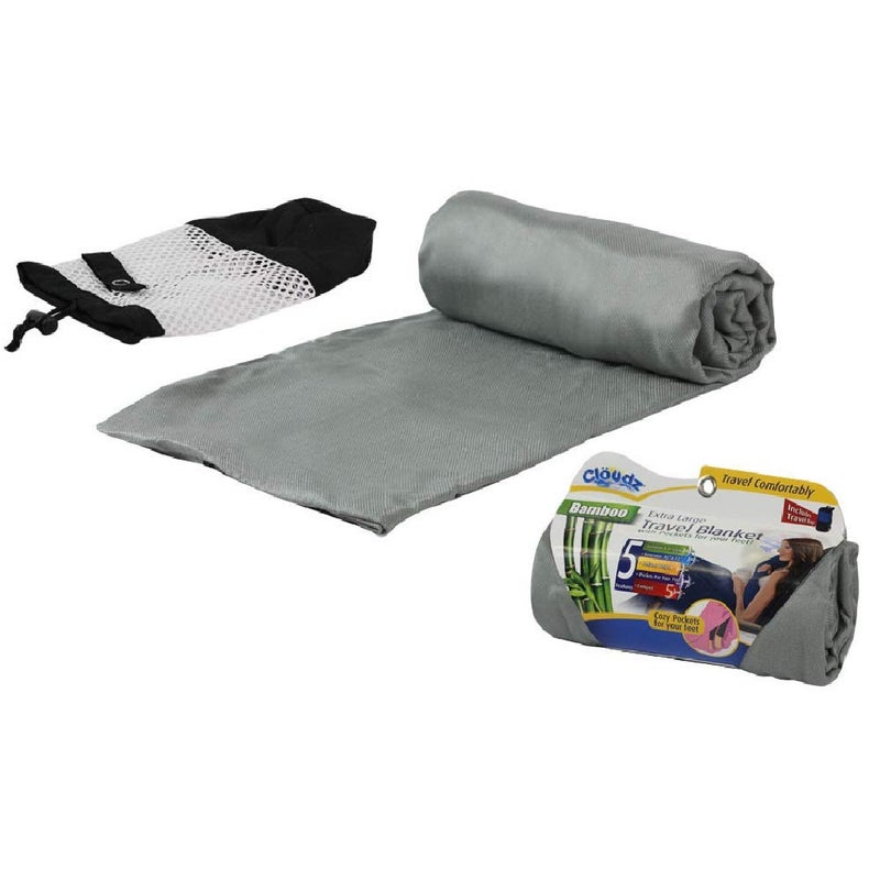 Cloudz Extra Large Airplane Travel Blanket for Your Flight, Car, Camping, Home or Comforting Warmth Anywhere! Includes Warm Cozy Pockets for Your Feet and a Travel Bag - Charcoal - Image 1