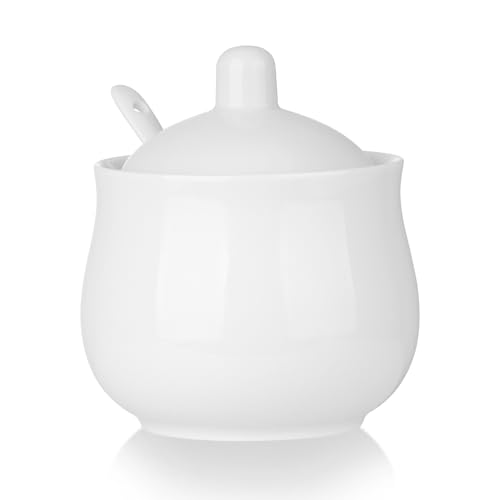 CHILDIKE CHILDIKE Ceramic Sugar Bowl with Lid and Spoon, White Porcelain Sugar Salt Pepper Storage Jar, 12 Ounces (White 12 OZ)  - Image 2