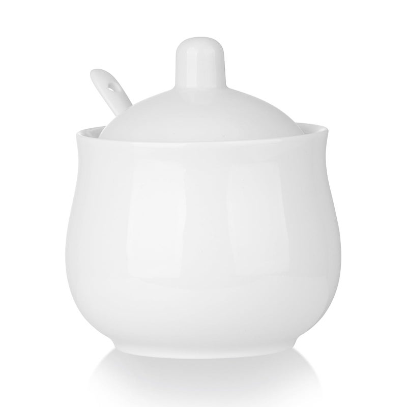 CHILDIKE CHILDIKE Ceramic Sugar Bowl with Lid and Spoon, White Porcelain Sugar Salt Pepper Storage Jar, 12 Ounces (White 12 OZ)  - Image 1