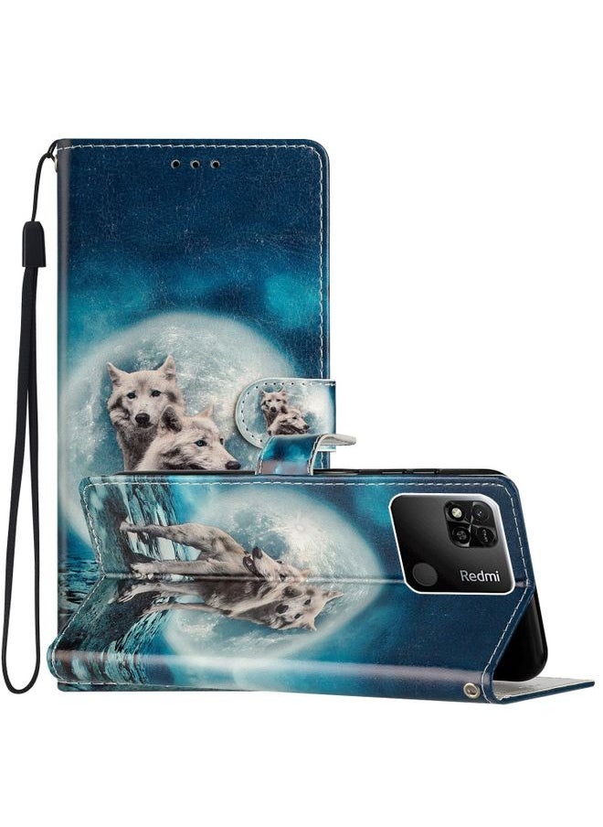 HuHa Case Cover For Xiaomi Redmi 9C Colored Drawing Leather Phone Case Twin Wolves 