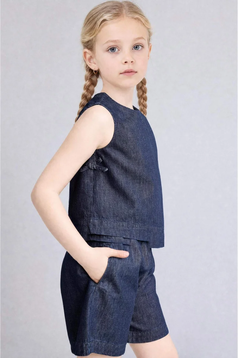 ديفاكتو Girl Crew Neck Sleeveless Denim Blouse