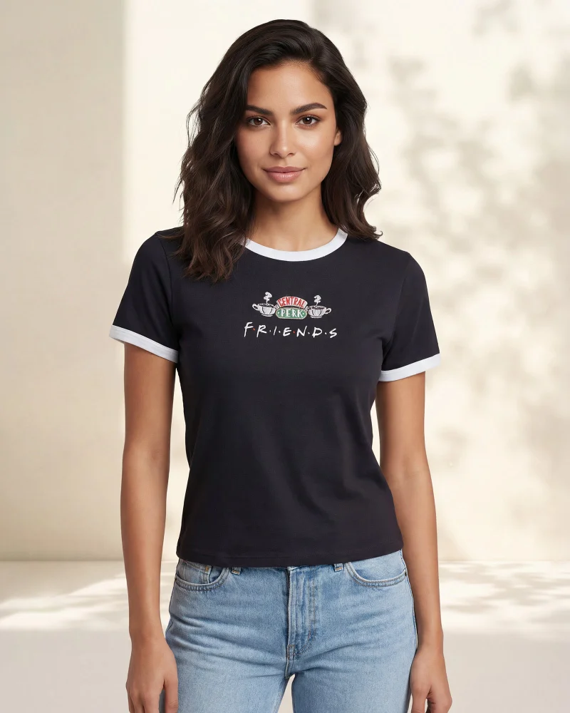 Redtag Women Black Friends Rib T-Shirt
