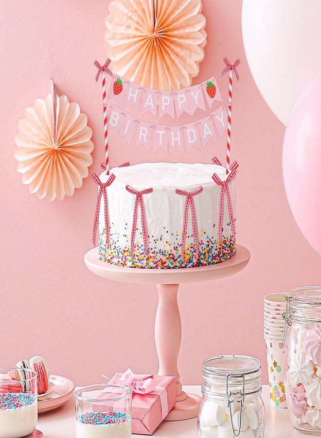 Whaline Strawberry Bunting Cake Topper Set Happy Birthday Banner Cake Picks Insert Decoration with 6 Pcs Bows for Girl First Birthday Baby Shower Party Decor - Image 3