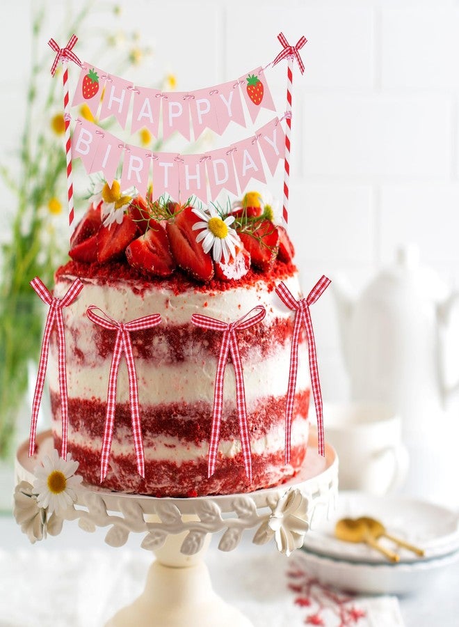 Whaline Strawberry Bunting Cake Topper Set Happy Birthday Banner Cake Picks Insert Decoration with 6 Pcs Bows for Girl First Birthday Baby Shower Party Decor - Image 4