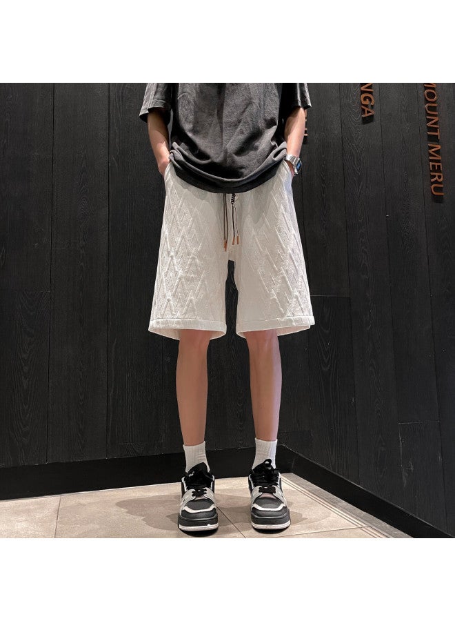 Homlean Texture Jacquard Sports Shorts Summer Men Loose Breathable Fashion All-match Wide Leg Cropped Pants Dk06 White L - Image 2