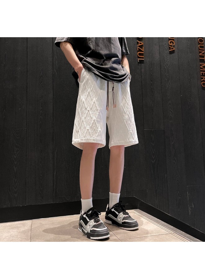 Homlean Texture Jacquard Sports Shorts Summer Men Loose Breathable Fashion All-match Wide Leg Cropped Pants Dk06 White L - Image 5