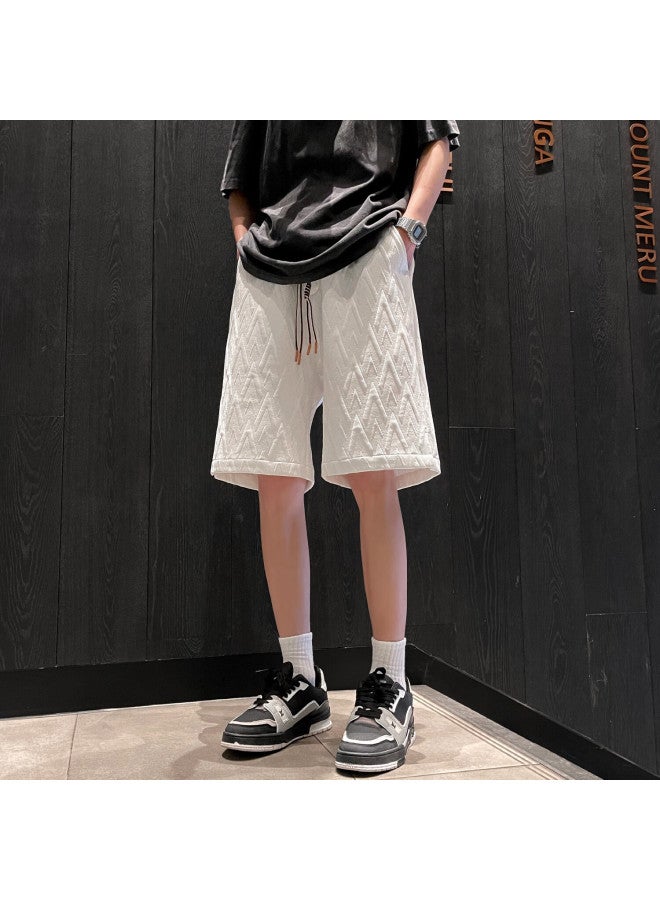 Homlean Texture Jacquard Sports Shorts Summer Men Loose Breathable Fashion All-match Wide Leg Cropped Pants Dk06 White L - Image 4