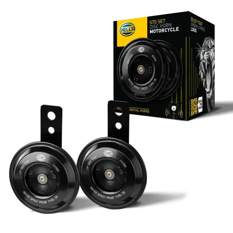 HELLA طقم بوق ديسك أسود 12 فولت من هيللا 012588011 لدراجات النارية (تركيب عالمي - مجموعة / صندوق) - Image 1