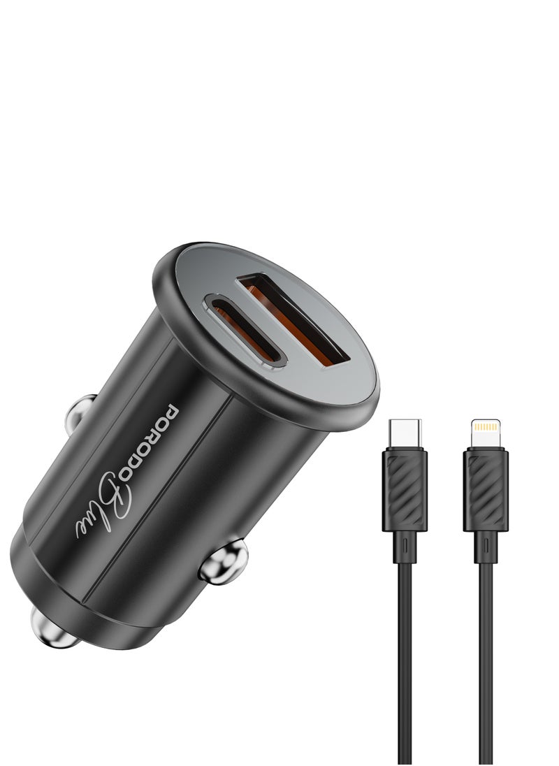 porodo - Dual Port 30W Car Charger with Type-C to Lightning Cable /USB-A and USB-C Ports / Compact and Powerful Charging Solution / Fast and Safe Charging During Travel - Black - Image 1