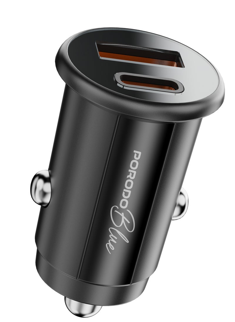 porodo - Dual Port 30W Car Charger with Type-C to Lightning Cable /USB-A and USB-C Ports / Compact and Powerful Charging Solution / Fast and Safe Charging During Travel - Black - Image 1