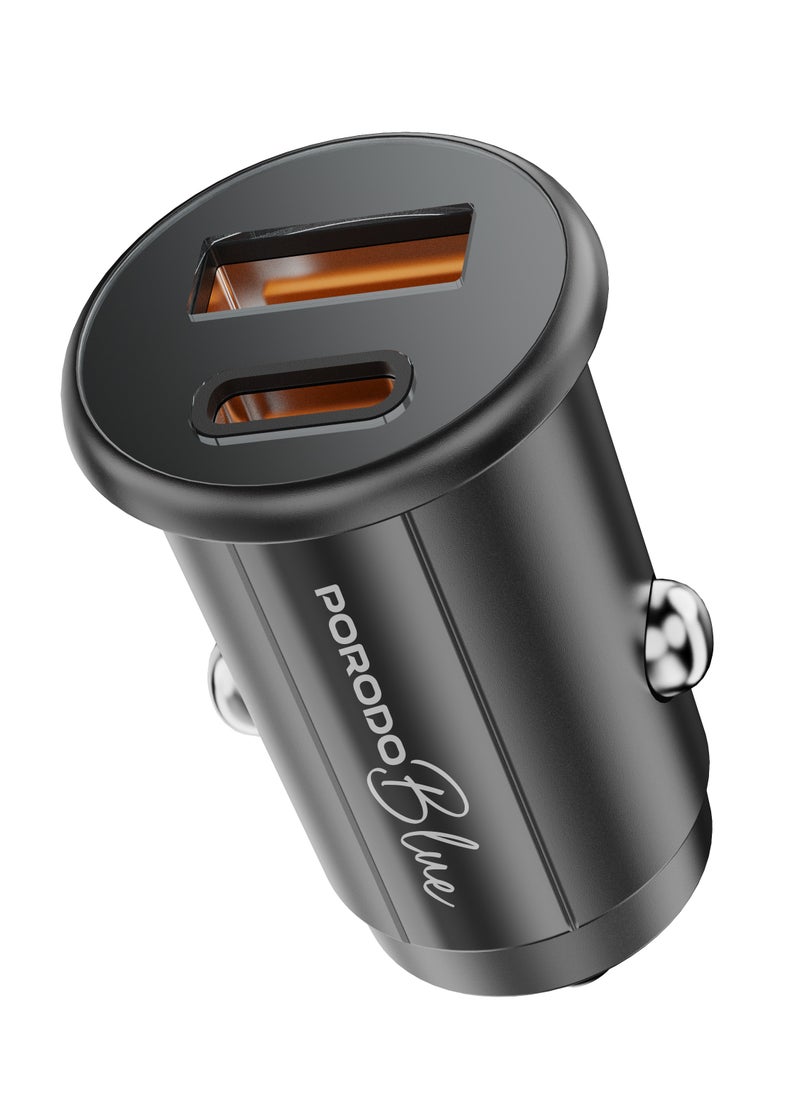 porodo - Dual Port 30W Car Charger with Type-C to Lightning Cable /USB-A and USB-C Ports / Compact and Powerful Charging Solution / Fast and Safe Charging During Travel - Black - Image 1