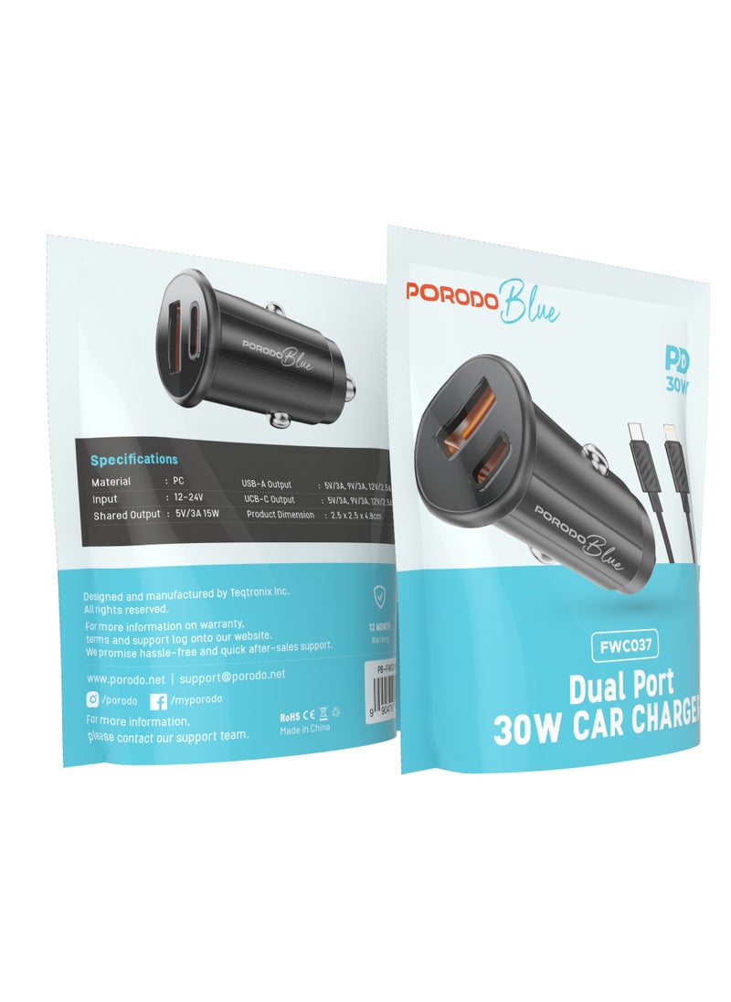 porodo - Dual Port 30W Car Charger with Type-C to Lightning Cable /USB-A and USB-C Ports / Compact and Powerful Charging Solution / Fast and Safe Charging During Travel - Black - Image 1