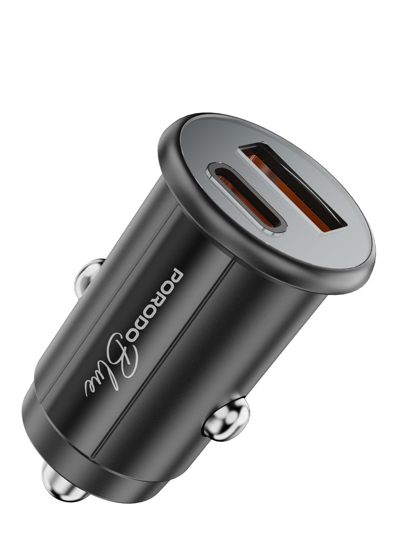 porodo - Dual Port 30W Car Charger with Type-C to Lightning Cable /USB-A and USB-C Ports / Compact and Powerful Charging Solution / Fast and Safe Charging During Travel - Black - Image 1
