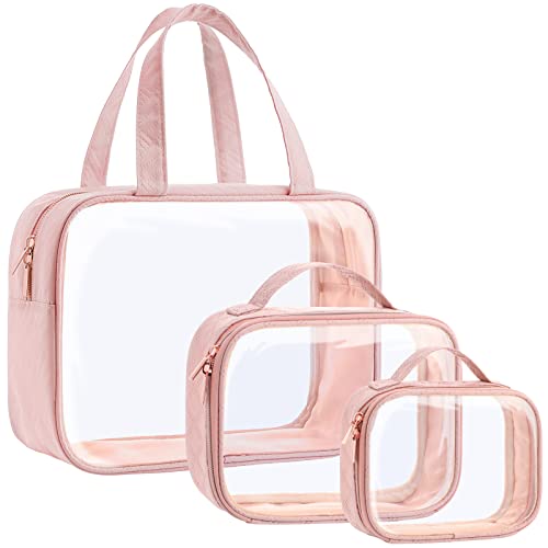 PACKISM Clear Toiletry Bags 3 Pack Clear Makeup Bags with Handle Large Opening Waterproof Cosmetic Bags Fit Carryon Travel Essentials Travel Bags Pink
