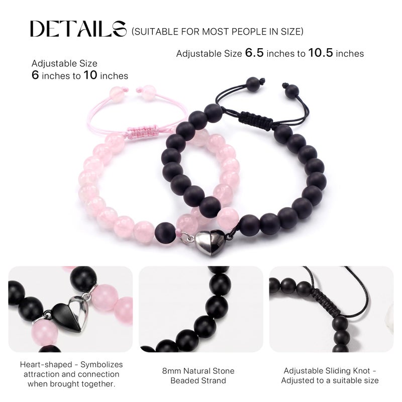 UVGVA Girlfriend Matching Couple Bracelets Valentines Day Gifts for Her Anniversary Birthday Engagement Gifts (Black&Pink Magnetic Heart) - Image 3
