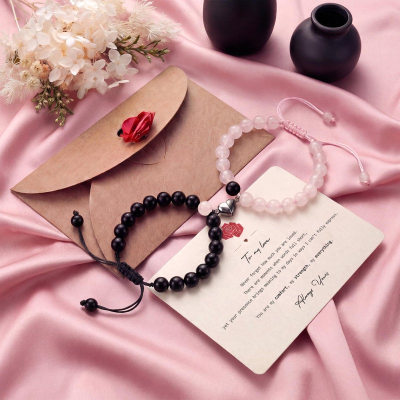 UVGVA Girlfriend Matching Couple Bracelets Valentines Day Gifts for Her Anniversary Birthday Engagement Gifts (Black&Pink Magnetic Heart) - Image 4