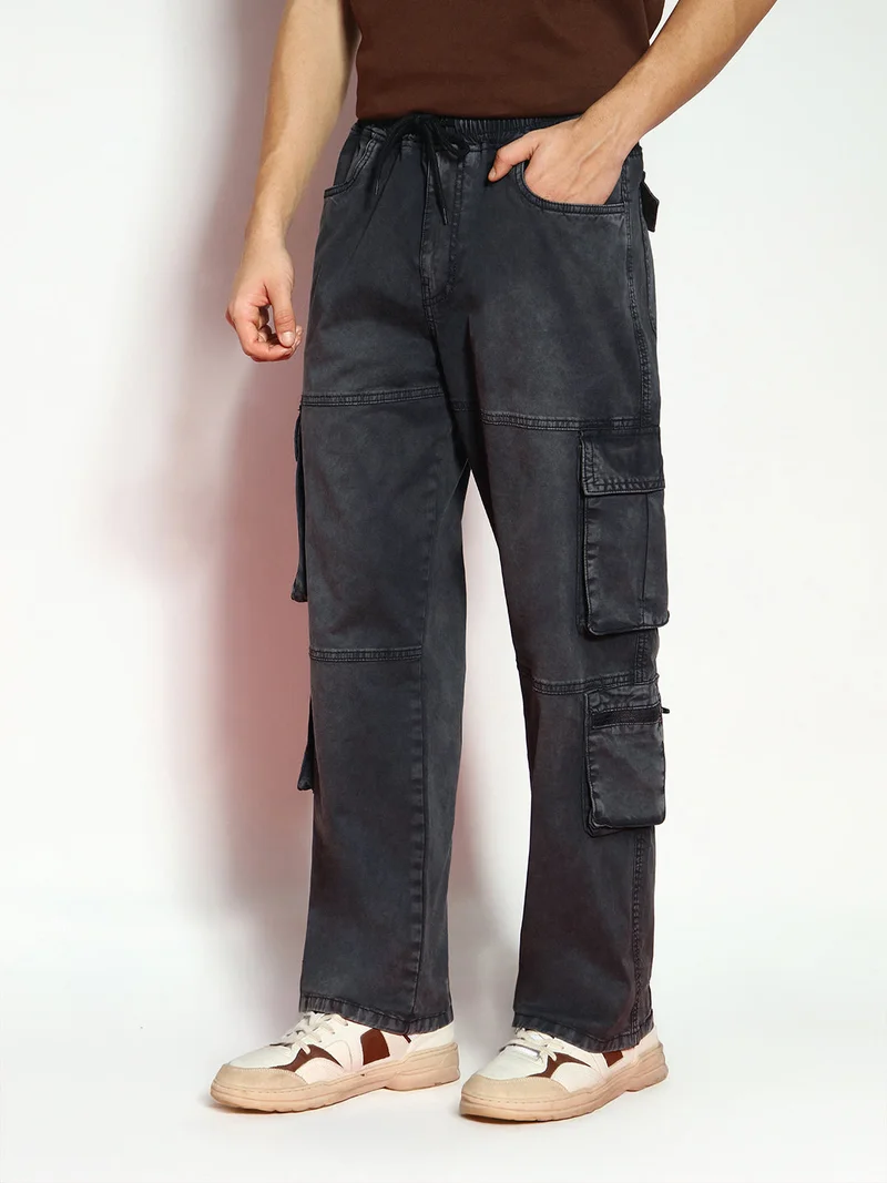 Urbano Fashion  Urbano Fashion Men's Black Loose Baggy Fit Travel Cargo Jeans with 8 Pockets Stretchable  | Best Price UAE