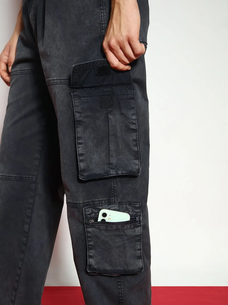 Urbano Fashion  Urbano Fashion Men's Black Loose Baggy Fit Travel Cargo Jeans with 8 Pockets Stretchable  | Best Price UAE