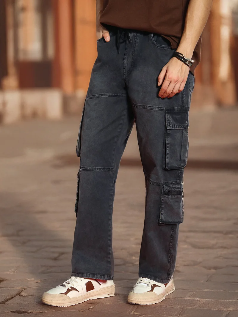 Urbano Fashion Men's Black Loose Baggy Fit Travel Cargo Jeans with 8 Pockets Stretchable