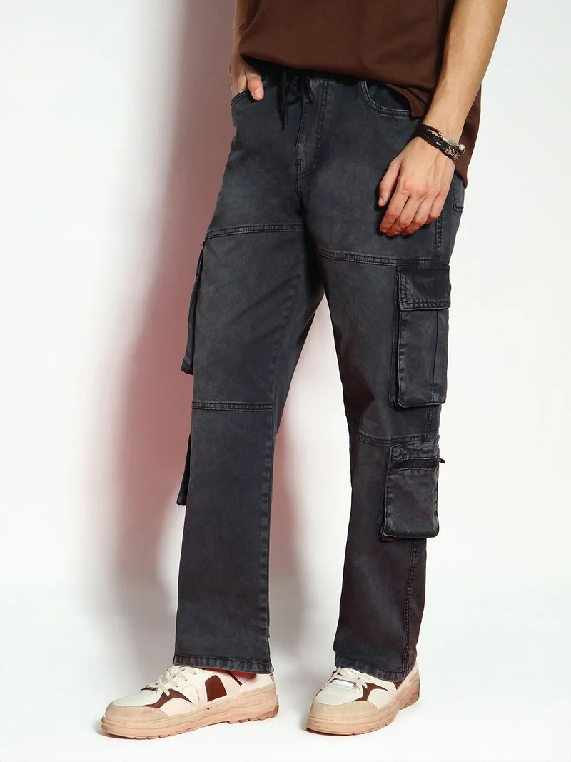 Urbano Fashion  Urbano Fashion Men's Black Loose Baggy Fit Travel Cargo Jeans with 8 Pockets Stretchable  | Best Price UAE