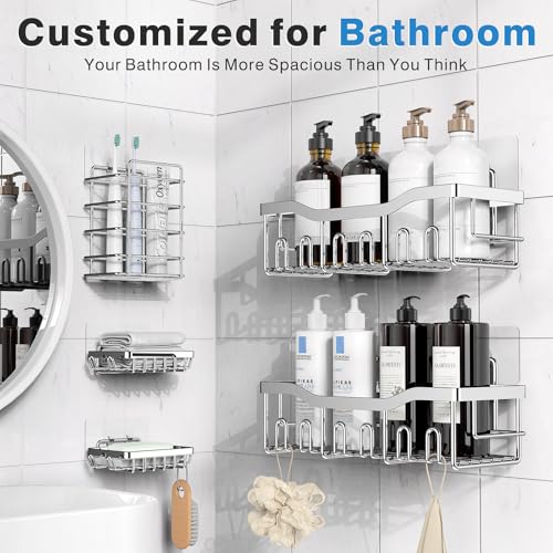 EUDELE 5-Pack Rustproof Stainless Steel Shower Caddy – No Drill Adhesive Bathroom Organizer with Large Capacity, Spacious Shower Shelves for Inside Shower, Kitchen & Home Decor Storage-XL Size - Image 2