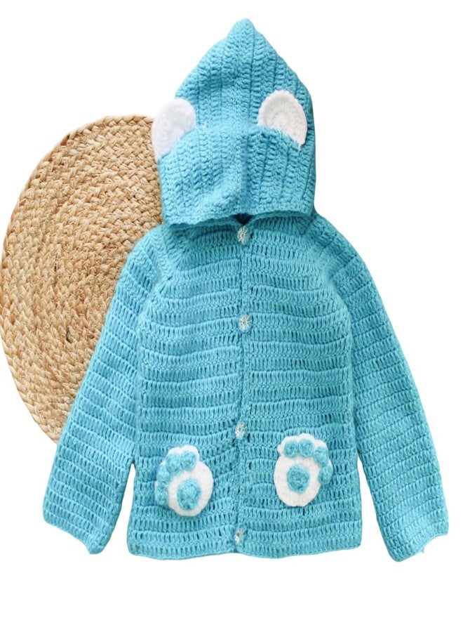 KNIT GEMS كنزة صوفية بأكمام طويلة وغطاء رأس بتصميم مخلب كروشيه مصنوع يدويًا من KNIT GEMS KGM، لون أزرق سماوي، للأطفال - Image 1