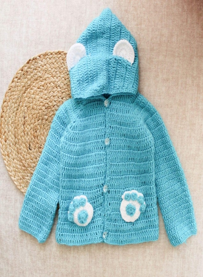 KNIT GEMS كنزة صوفية بأكمام طويلة وغطاء رأس بتصميم مخلب كروشيه مصنوع يدويًا من KNIT GEMS KGM، لون أزرق سماوي، للأطفال - Image 2