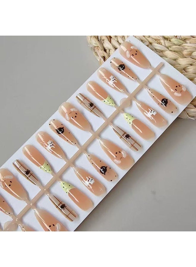 Goolsky Plaid Tweed Pearl Bow Press-on Nails in Black & Nude for Chic Daily Look - Image 1