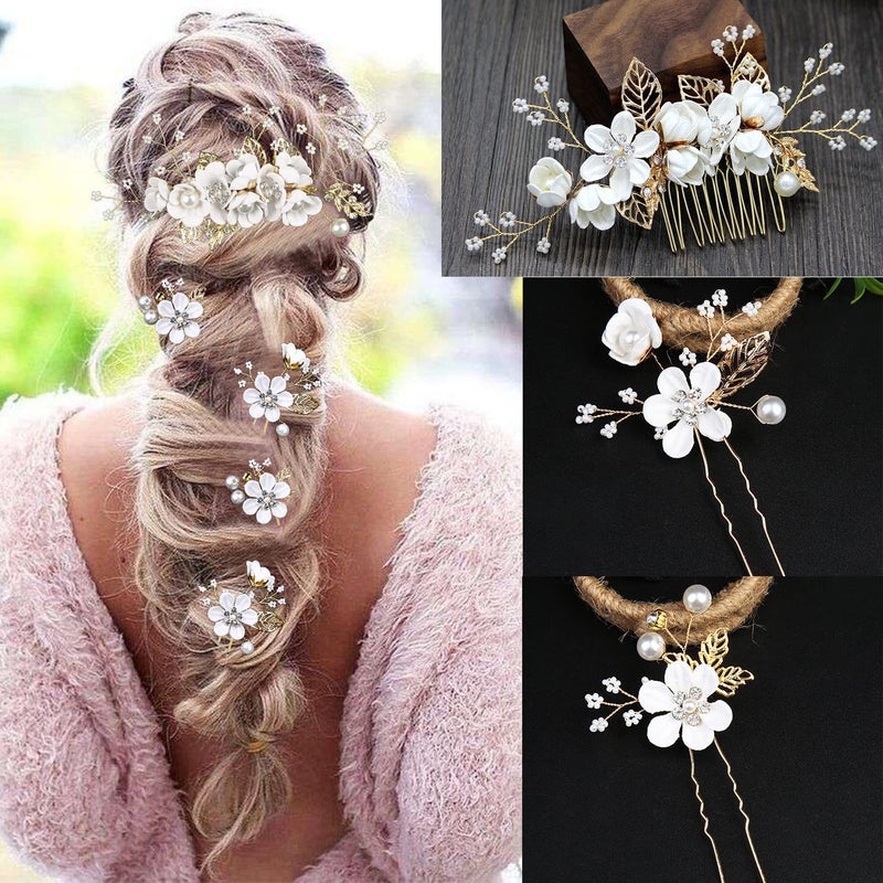 LAPOHI 5 PCS Bridal Flower Wedding Hair Pins Crystal Pearl Hair Clips Headpiece Gold Wedding Hair Accessories Jewelry with Rhinestone for Brides Bridesmaids Women Girls Updo (Pure White Flower) - Image 4