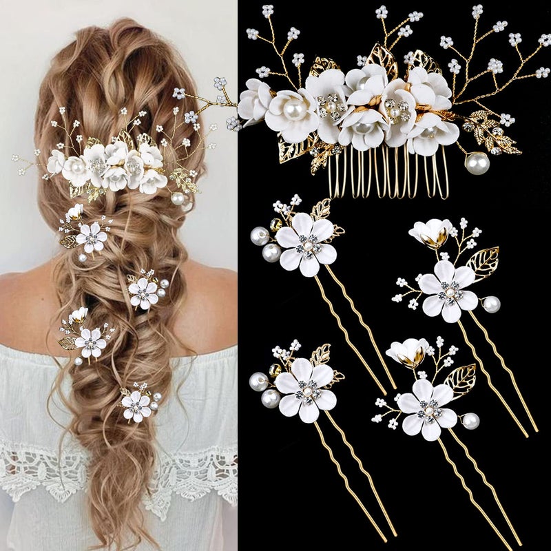 LAPOHI 5 PCS Bridal Flower Wedding Hair Pins Crystal Pearl Hair Clips Headpiece Gold Wedding Hair Accessories Jewelry with Rhinestone for Brides Bridesmaids Women Girls Updo (Pure White Flower) - Image 1