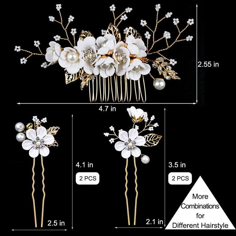 LAPOHI 5 PCS Bridal Flower Wedding Hair Pins Crystal Pearl Hair Clips Headpiece Gold Wedding Hair Accessories Jewelry with Rhinestone for Brides Bridesmaids Women Girls Updo (Pure White Flower) - Image 3