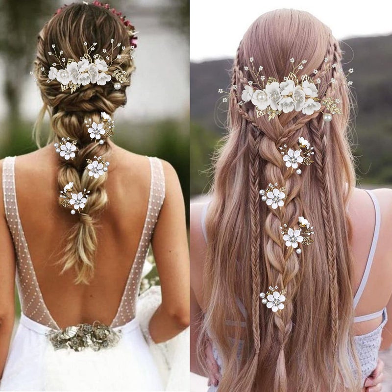 LAPOHI 5 PCS Bridal Flower Wedding Hair Pins Crystal Pearl Hair Clips Headpiece Gold Wedding Hair Accessories Jewelry with Rhinestone for Brides Bridesmaids Women Girls Updo (Pure White Flower) - Image 5