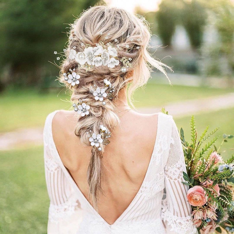 LAPOHI 5 PCS Bridal Flower Wedding Hair Pins Crystal Pearl Hair Clips Headpiece Gold Wedding Hair Accessories Jewelry with Rhinestone for Brides Bridesmaids Women Girls Updo (Pure White Flower) - Image 2