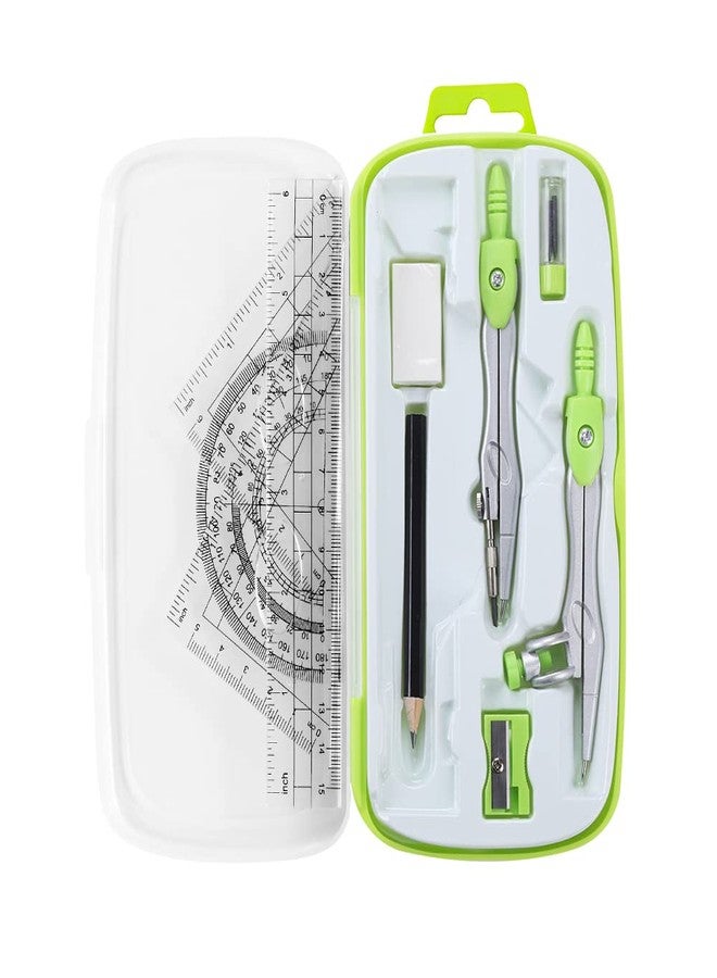 Unjoo Math Geometry Kit Sets 10 Piece Student Supplies with Shatterproof Storage Box,Includes Rulers,Protractor,Compass,Eraser,Pencil Sharpener,Lead Refills,Pencil,for Drafting and Drawings（Green） - Image 1