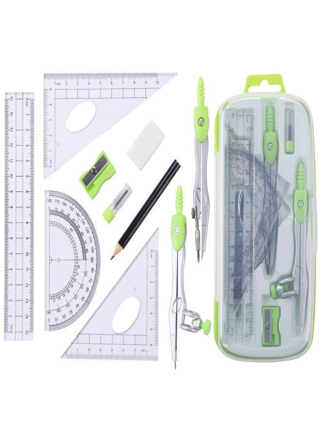 Unjoo Math Geometry Kit Sets 10 Piece Student Supplies with Shatterproof Storage Box,Includes Rulers,Protractor,Compass,Eraser,Pencil Sharpener,Lead Refills,Pencil,for Drafting and Drawings（Green） - Image 2