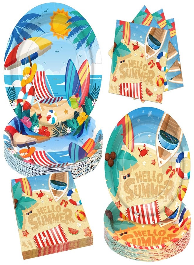 Fighting to Achieve 72PCS Beach Plates and Napkins Summer Party Tableware, Set of 24 Hello Summer Disposable Paper Plates for Beach Vacation Pool Party, Hawaiian Themed Dinnerware Supplies for Birthday Party Decorations - Image 1