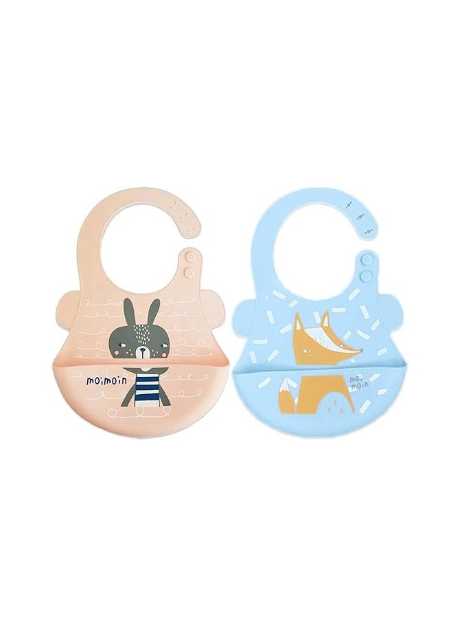 Pixie Baby Silicone Bibs Easily Clean Pack of 2, Soft Adjustable Waterproof Toddler Silicone Bibs for Babies Girl and Boy (Squirrel, Fox) - Image 1