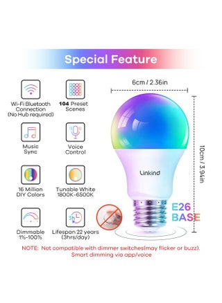 Linkind Color Changing Smart WiFi Light Bulbs, Work with Alexa & Google Home, A19 E26 Dimmable RGBTW Bulbs, No Hub Needed, 800 Lumen, 2.4Ghz WiFi, 6 Pack - pzsku/Z2EEEA12598F85CA3752AZ/45/1747981197/b33242f7-d057-4e57-88ce-53e05d106b83