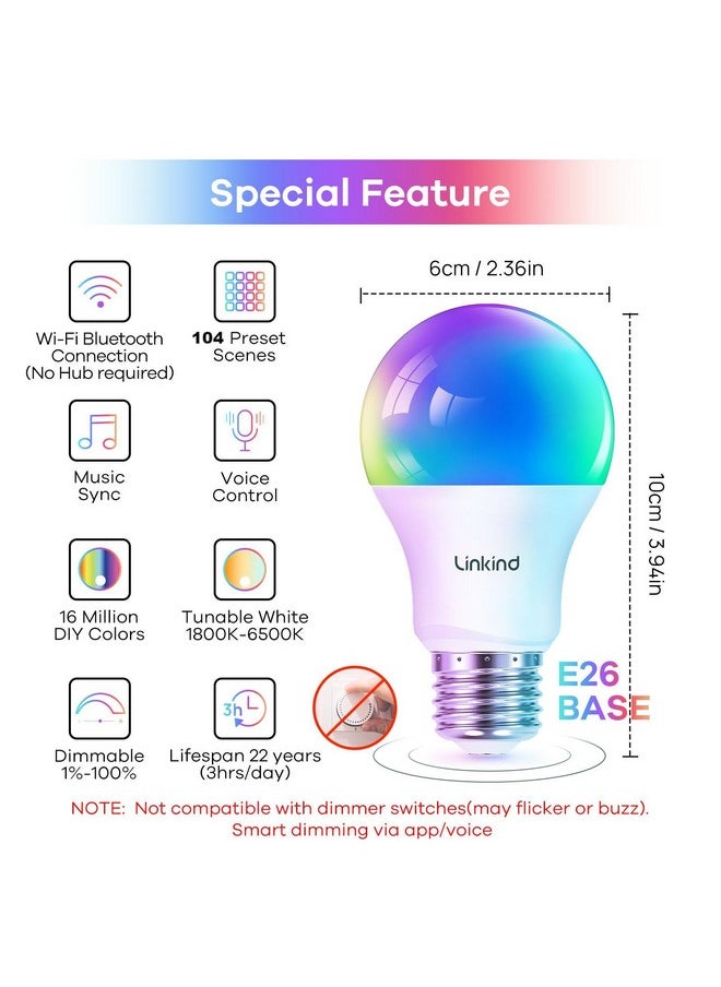 Linkind Linkind Color Changing Smart WiFi Light Bulbs, Work with Alexa & Google Home, A19 E26 Dimmable RGBTW Bulbs, No Hub Needed, 800 Lumen, 2.4Ghz WiFi, 6 Pack  - Image 1