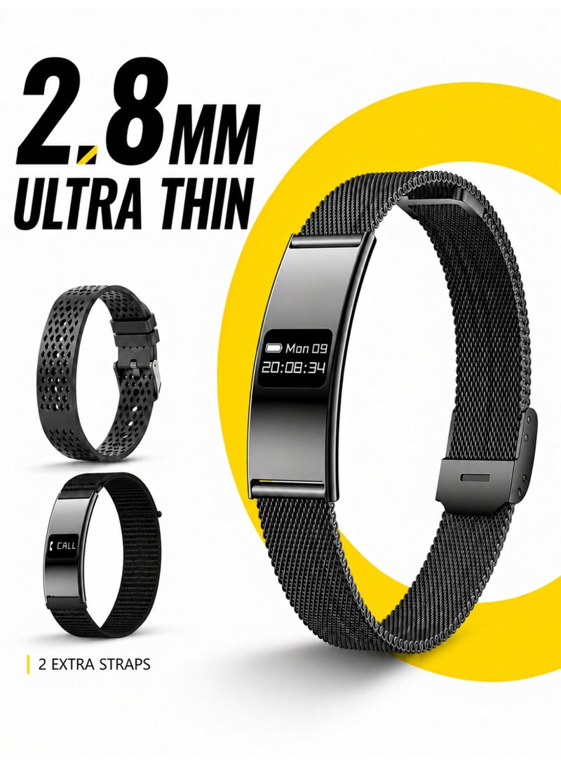 BASEMENT-1 Fashionable Metal Smart Bracelet, Ultra-Thin Curved Fitness Tracker with Time Display, Heart Rate, Blood Oxygen, HRV, Stress, Emotional Wellness and Sleep Monitoring, Multiple Sports Modes, IPX8 Water Resistance, Family Data Sharing and 3 Straps - Image 1