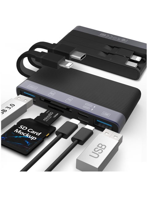 6in1 Multi-Ports Memory Card Reader, SD Card Reader for i-Phone i-Pad, Card Reader with SD/TF Card USB 3.0 Adapter, for Type-C Devices, Foldable Data Cable Supports SD/Micro SD/SDHC/SDXC/MMC