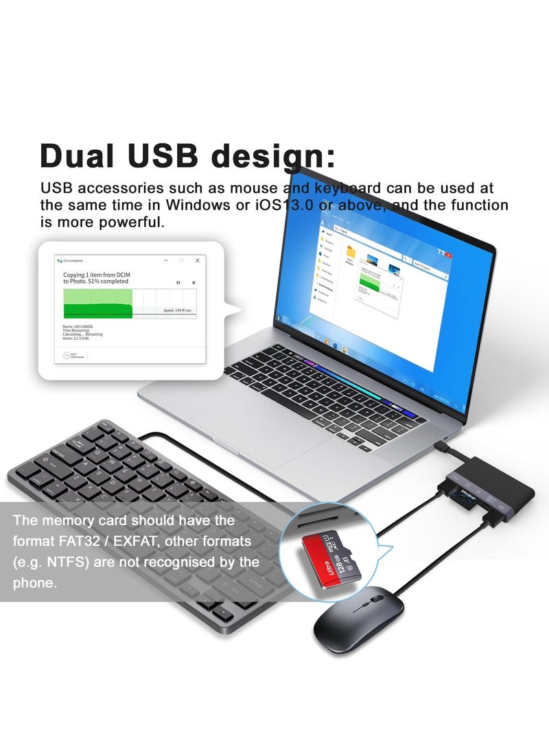 6in1 Multi-Ports Memory Card Reader, SD Card Reader for i-Phone i-Pad, Card Reader with SD/TF Card USB 3.0 Adapter, for Type-C Devices, Foldable Data Cable Supports SD/Micro SD/SDHC/SDXC/MMC