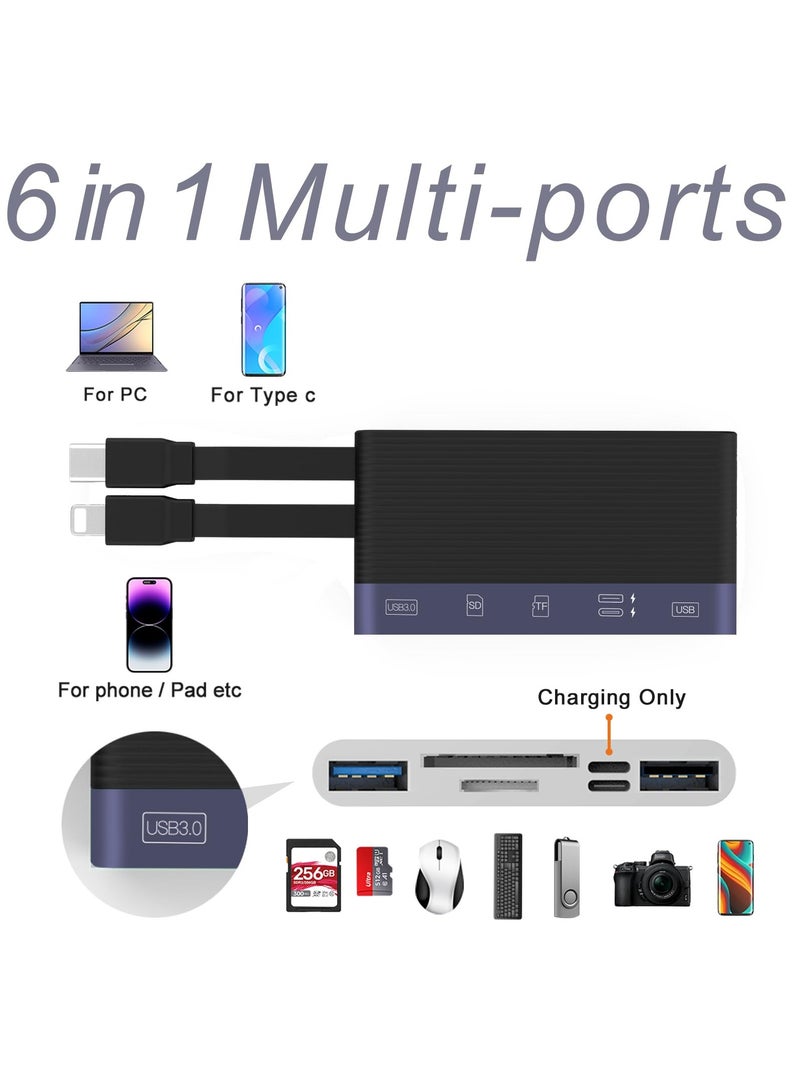6in1 Multi-Ports Memory Card Reader, SD Card Reader for i-Phone i-Pad, Card Reader with SD/TF Card USB 3.0 Adapter, for Type-C Devices, Foldable Data Cable Supports SD/Micro SD/SDHC/SDXC/MMC