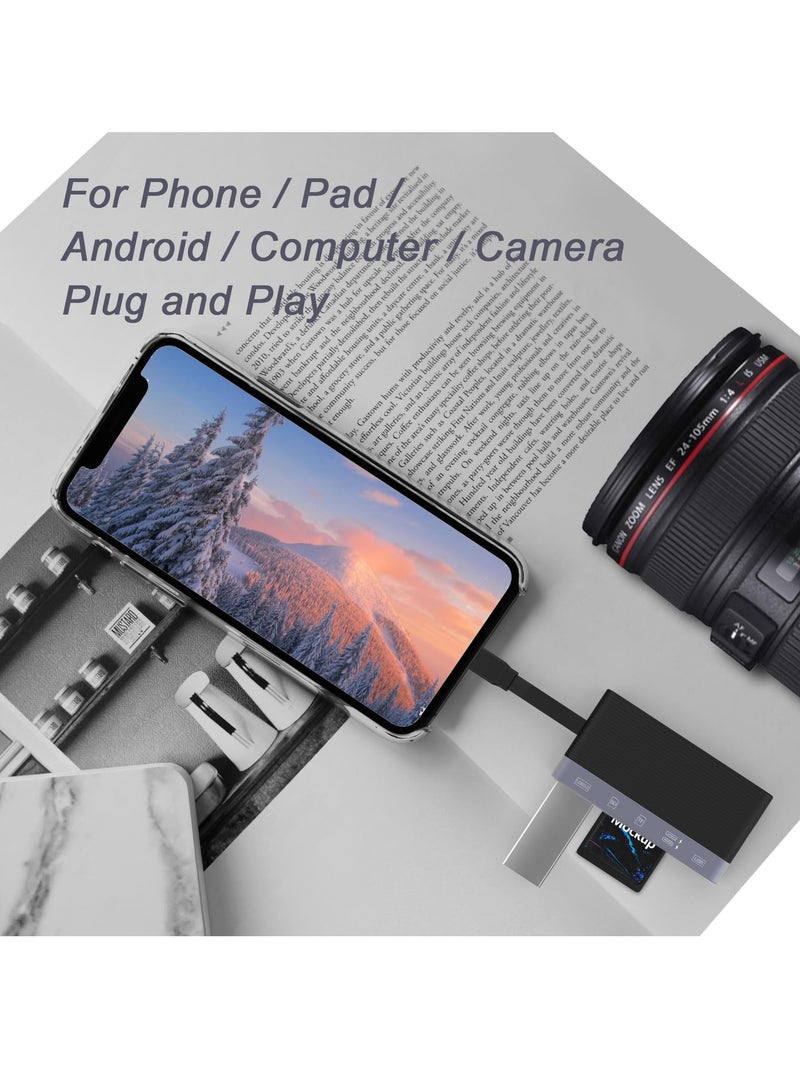 6in1 Multi-Ports Memory Card Reader, SD Card Reader for i-Phone i-Pad, Card Reader with SD/TF Card USB 3.0 Adapter, for Type-C Devices, Foldable Data Cable Supports SD/Micro SD/SDHC/SDXC/MMC