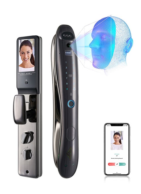 Smart Door Lock, Face Recognition Biometric Fingerprint Digital Password Card Smart Door Lock with Visible Door Viewer, with Keys, for Home Entry Doors