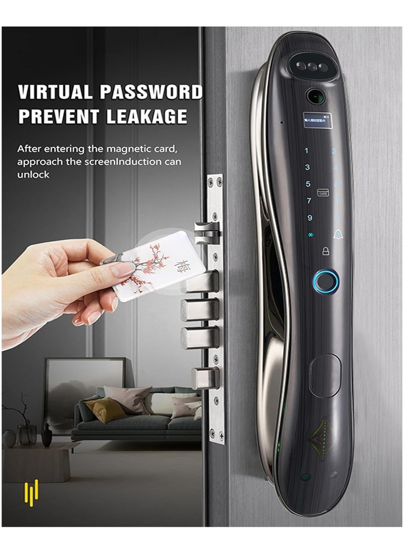 Smart Door Lock, Face Recognition Biometric Fingerprint Digital Password Card Smart Door Lock with Visible Door Viewer, with Keys, for Home Entry Doors