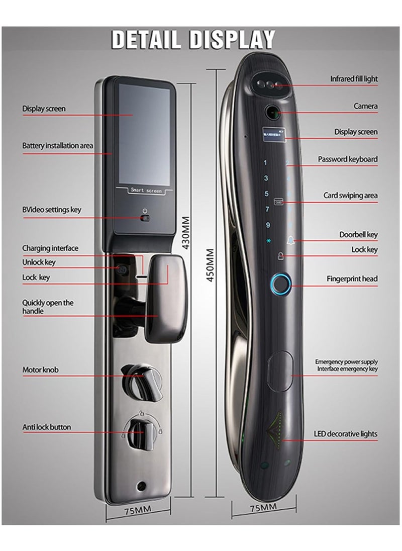 Smart Door Lock, Face Recognition Biometric Fingerprint Digital Password Card Smart Door Lock with Visible Door Viewer, with Keys, for Home Entry Doors