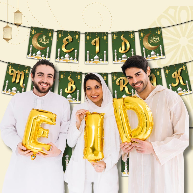 1iAM Eid Mubarak Decoration Item | 1pc 13.6X10.3cm "EID MUBARAK" 300gsm Printed Beautiful Green Color Moon Bunting Paper Banner for Celebration of Eid | Ramadan Decoration Item - Image 3