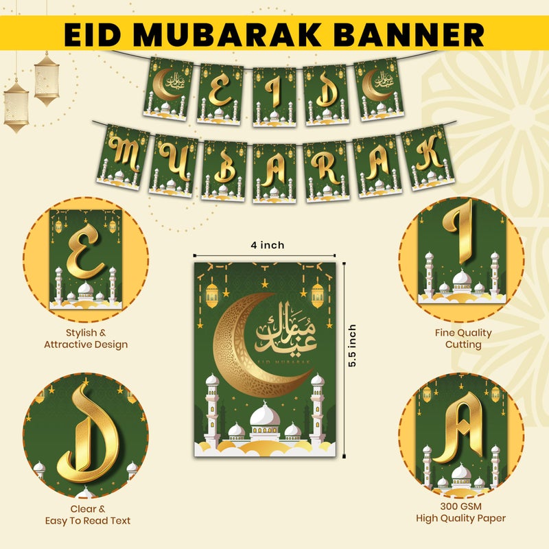1iAM Eid Mubarak Decoration Item | 1pc 13.6X10.3cm "EID MUBARAK" 300gsm Printed Beautiful Green Color Moon Bunting Paper Banner for Celebration of Eid | Ramadan Decoration Item - Image 4